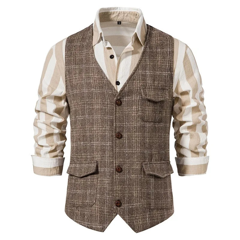 Suit Vest Men British Style Plaid Single-breasted Pocket Man Waistcoat Business Casual Slim Sleeveless Male Vest