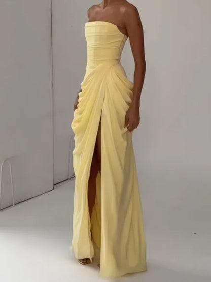 Lady Sexy Strapless Split Solid Pleated Dress Women Chic Backless High Waist Off-shoulder Dresses 2026 New Evening Party Gowns