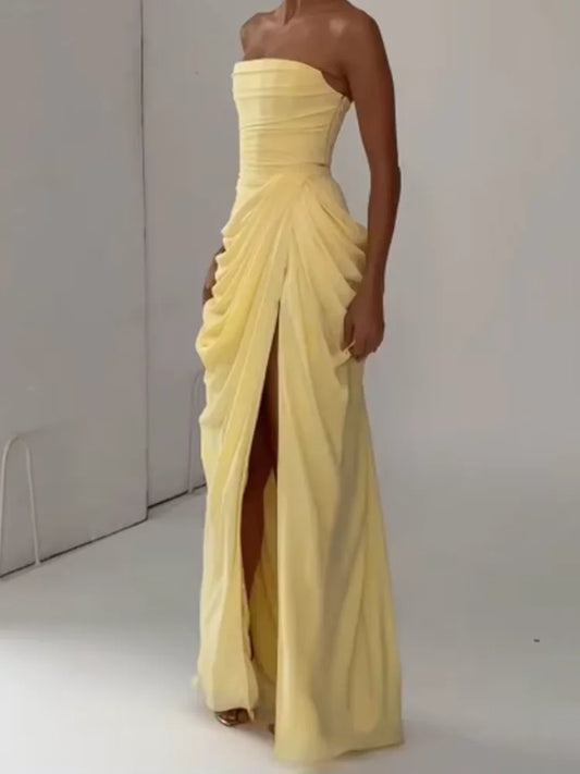 Lady Sexy Strapless Split Solid Pleated Dress Women Chic Backless High Waist Off-shoulder Dresses 2026 New Evening Party Gowns