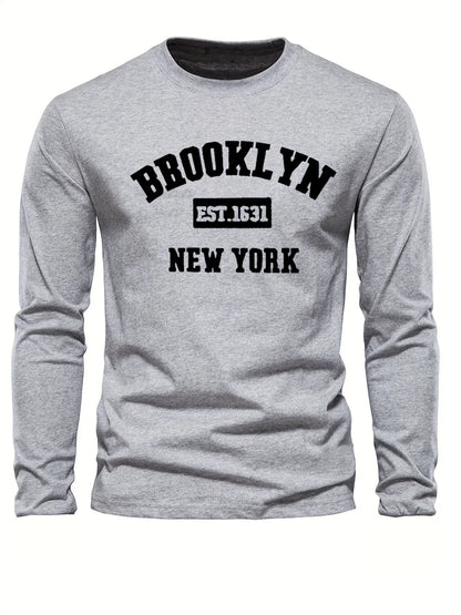 Men's 100% pure cotton loose and comfortable sports and leisure Brooklyn print round neck long sleeved T-shirt top