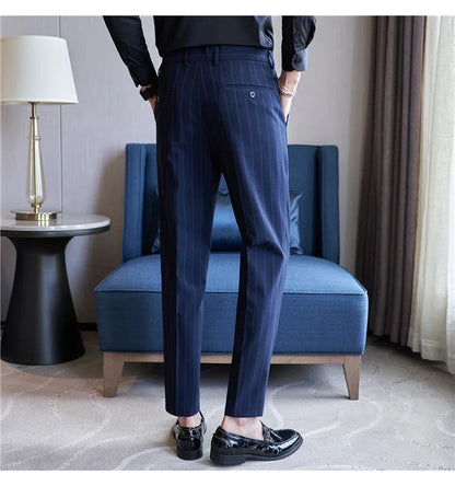 Autumn New Fashion Stripe Men's Suit Pants High Quality Straight Long Classic Business Elegant Slim Fit Casual Trousers 38-29