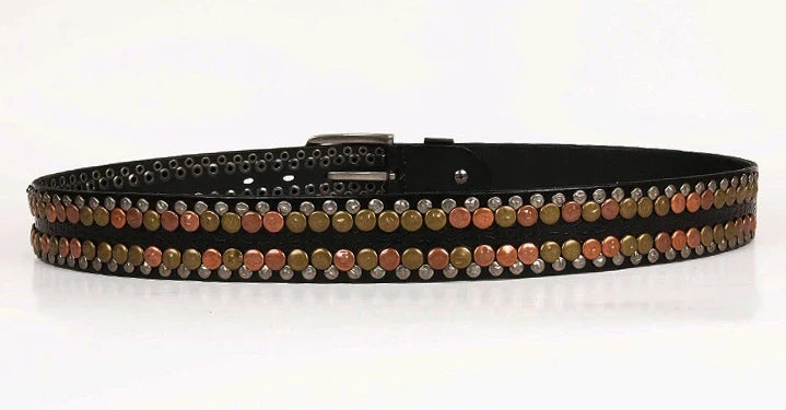 3.8CM  Hip Hop Punk Style Men Belt Round Rivet Real Genuine Cowskin Leather Strap Male Cowboy Studded Belts Rock Waistband