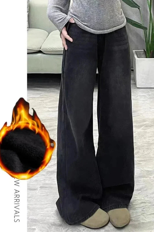 Womens Jeans Y2k Jeans Flared Trousers Black Gray Straight Leg Winter Warm Fleece Lined Loose Fit High Waist Wide Leg Fashion
