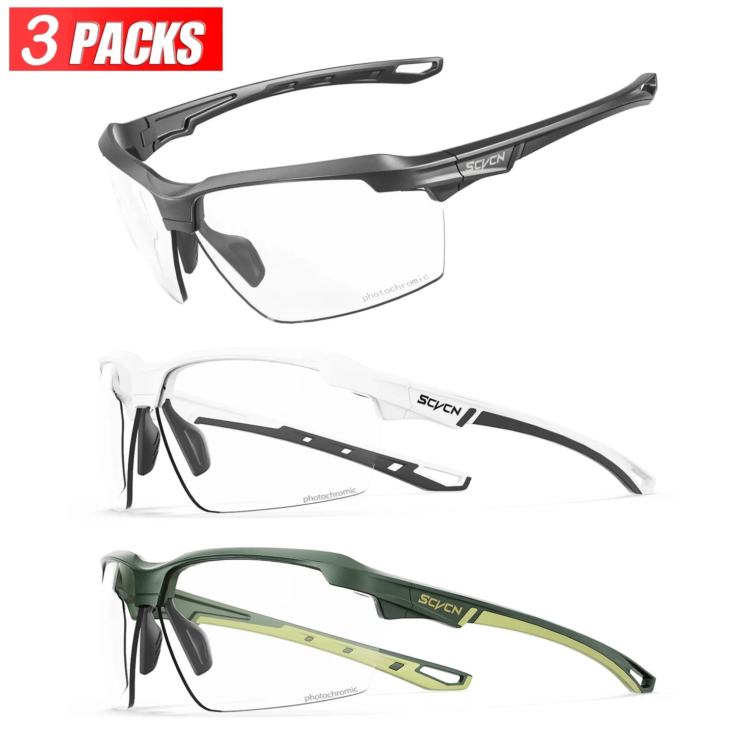 3PACKS Photochromic Cycling Sunglasses Glasses Bike MTB Bicycle Hiking Golf UV400 Sports Glasses for Men Women Baseball