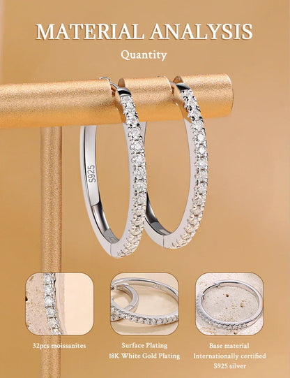 Pretty Beauty 23mm Moissanite Hoop Earrings S925 Sterling Silver for Women Wedding Party White Gold Plated Fine Jewelry Gifts