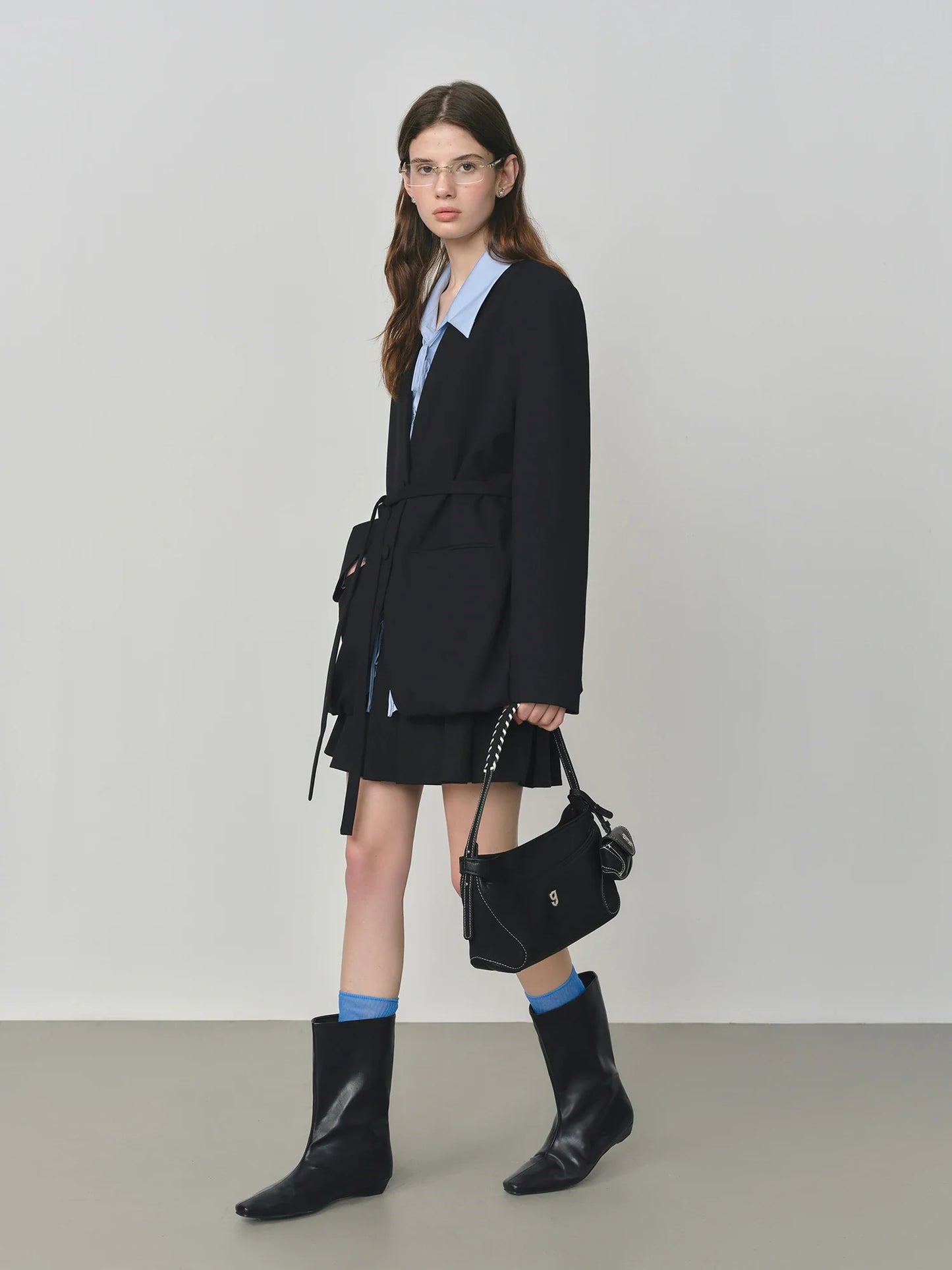 Elegant Collarless V-Neck Oversized Blazer with Sash for 2025 Autumn New Arrival Blazer Suits Coat 25FS13214
