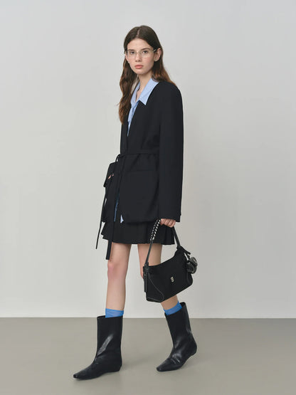 Elegant Collarless V-Neck Oversized Blazer with Sash for 2025 Autumn New Arrival Blazer Suits Coat 25FS13214