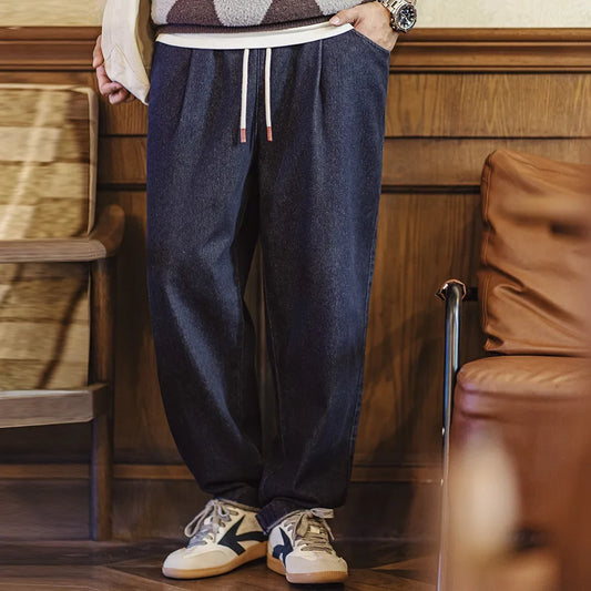 Casual 10oz Jogger Denim Jeans with Elastic Waist Drawstring Washed Straight Trousers for Men's Spring and Autumn Pants