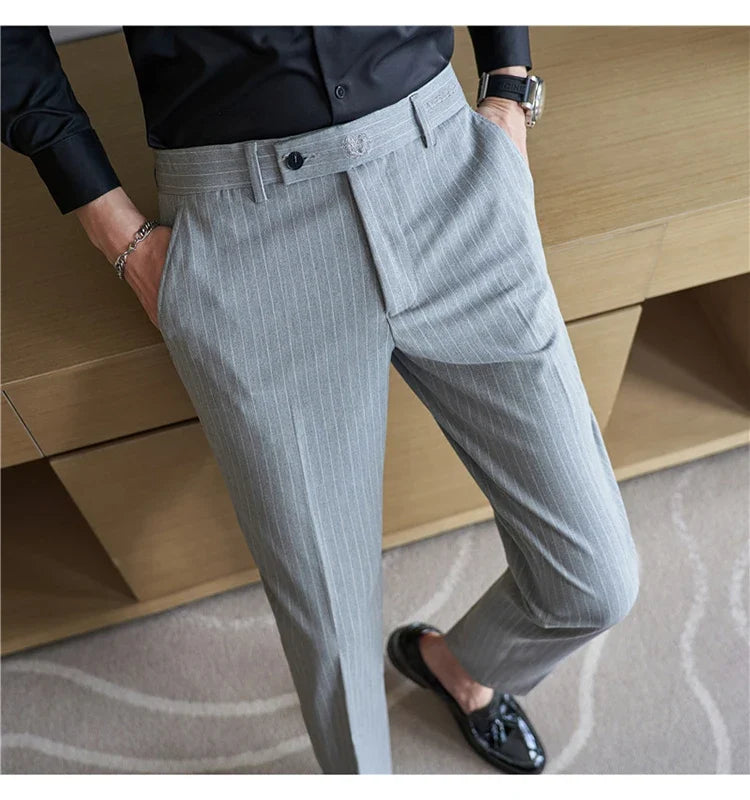 New Korean Style Fashion Striped Embroidery Suit Pants Men's Business Slim Casual Straight Pants Formal Wedding Party Trousers