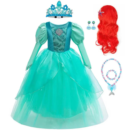 Girls Mermaid Dress Ariel Long Sleeves Cosplay Halloween Costume Kids Fluffy Tulle Shell Applique Frocks Elegant Gown