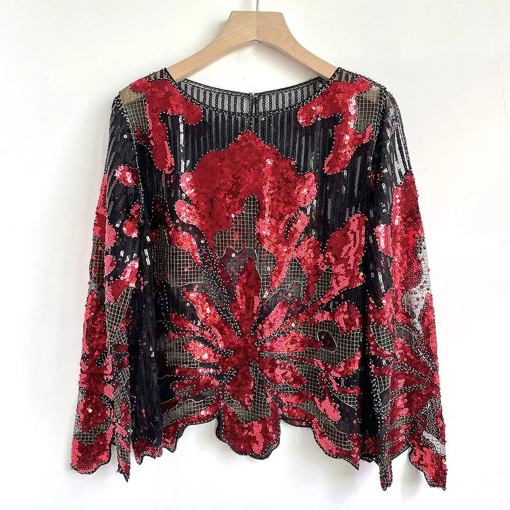 2025 Spring New Sequined Premium Outer Wear Ins Fashion Luxury Beads Long Sleeve Irregular Loose Chic T-shirt Top