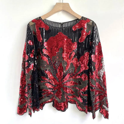 2025 Spring New Sequined Premium Outer Wear Ins Fashion Luxury Beads Long Sleeve Irregular Loose Chic T-shirt Top