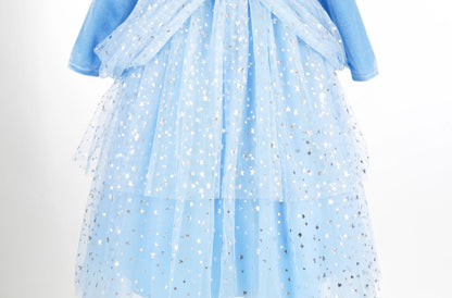 Girl Cinderella Dress Long Sleeve Princess Cosplay Costume Blue Sequin Children Bithday Surprise Kids Ball Gown