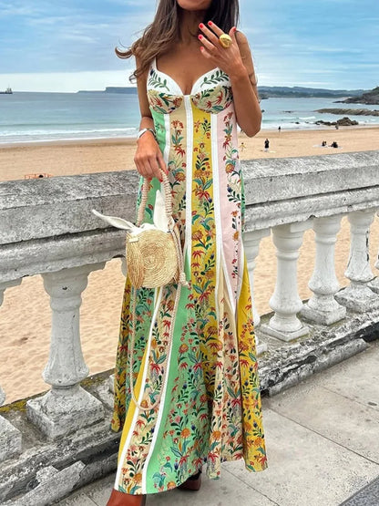 Fashion Elegant Women Sleeveless Party Dresses Casual Deep V Neck Maxi Dress Summer Backless High Waist Print Dress Vestidos