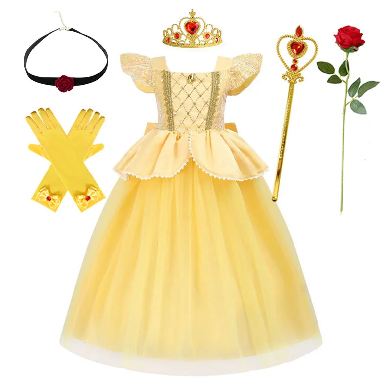 Belle Princess Dress Girls Cosplay Beauty and The Beast Cinderella Snow White Costumes Kids Halloween Carnival Clothes