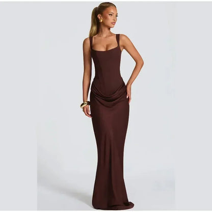 Sexy Square-neck Halter Long Dress Women 2025 Pleated Sleeveless Backless High Waist Bodycon Dresses New Summer Lady Party Gowns