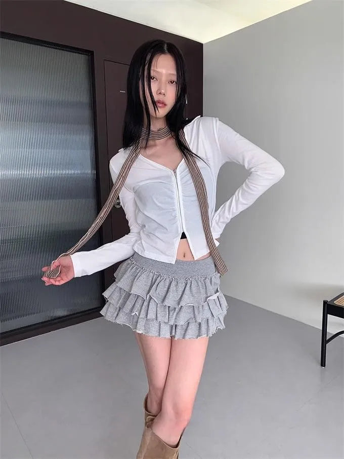 Y2k Lolita Mini Cake Skirt Soft Girl low Waist Ruffle Fluffy Fairy Skirts Summer Kawaii Cute Elegant Short Skirt Black