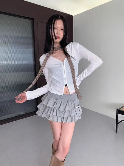 Y2k Lolita Mini Cake Skirt Soft Girl low Waist Ruffle Fluffy Fairy Skirts Summer Kawaii Cute Elegant Short Skirt Black