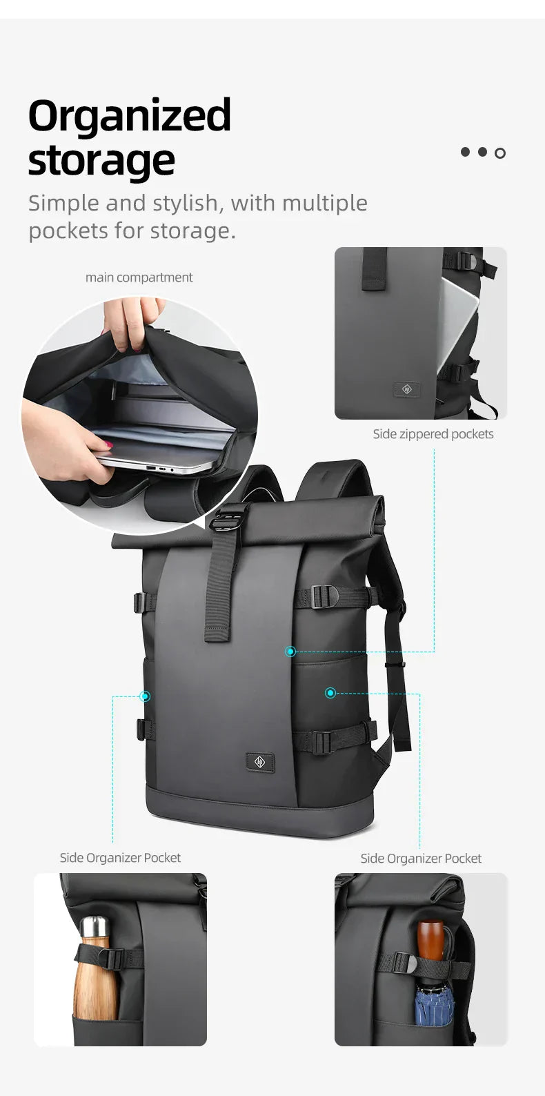 Waterproof Roll-Top Backpack for Men Large Capacity Expandable 17 Inch Laptop Bag Leisure Travel Backpack Hiking Camping Bags