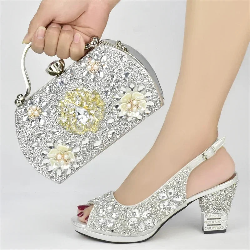 Italian Shoes and Bags Matching Set with Rhinestone Plus Size Shoes Luxury Italian Shoe and Bag Set 2026 Wedding Shoes Bride