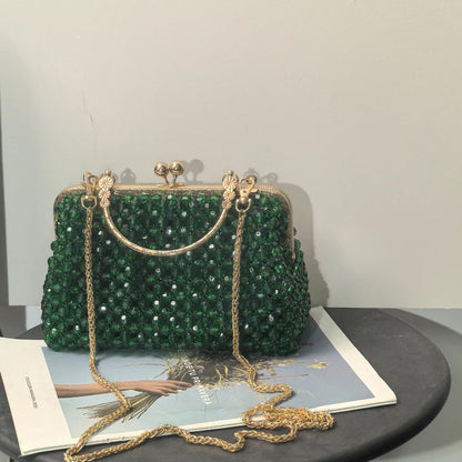 Emerald Green Handmade Beaded Clutch Bag | Vintage Gold Frame Evening Purse with Chain Strap for Party/Wedding/Cocktail