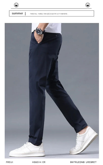 Summer Ultra-thin Men's Casual Pants High Elastic Quick-drying Ice Silk Slim Straight Business Formal Solid Color Trousers