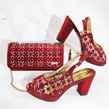 2025 New Rhinestone Design African-Inspired Shoe and Bag Set Olive Toe-Exposing Comfortable Women's High Heels Trending on INS