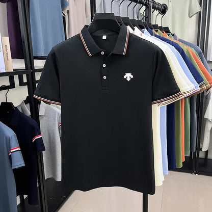 Men's Summer Solid Color Cool Breathable Luxury Polo Shirt Business Casual Collar T-shirt Short Sleeve Top