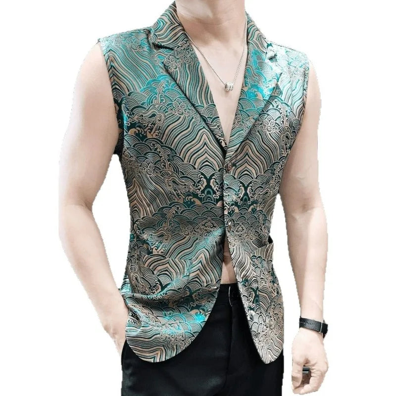 Man Suit Vest Vintage Printed Turn Down Collar Male Waistcoat Thin Slim Single-breasted Sleeveless Casual Men Vest