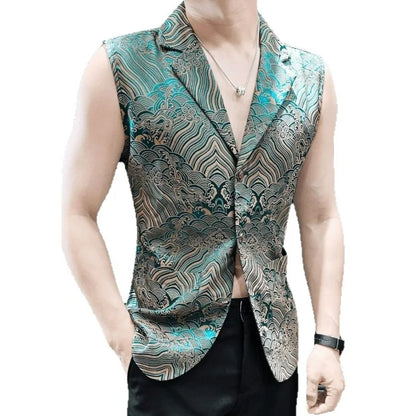 Man Suit Vest Vintage Printed Turn Down Collar Male Waistcoat Thin Slim Single-breasted Sleeveless Casual Men Vest