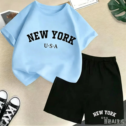 2026 New Kids Boys Girls New York Letter Pattern Cotton T-shirt+Shorts 2-Piece Set Casual Daily