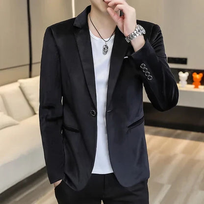 2026 Men's Red Slim Suit Jacket, Long Sleeve Single Button Dress Coat, Asian Size Teenagers Blazers Blue Green Black Male Tops