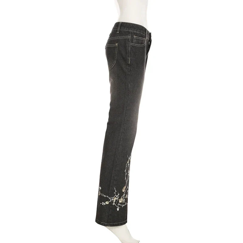 Weekeep Floral Embroidery Jeans Vintage 2000s Low Rise Flared Jeans Women Retro y2k Baggy Denim Pants High Street Basic Trousers