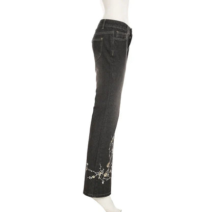 Weekeep Floral Embroidery Jeans Vintage 2000s Low Rise Flared Jeans Women Retro y2k Baggy Denim Pants High Street Basic Trousers