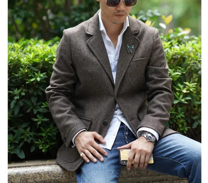 Spring Men's Peaky Blinders British Retro Tweed Wool Herringbone Hunting Casual Blazer