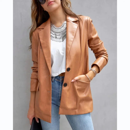 Elegant Chic Jacket Office Lady Long Sleeve Lapel Collar Single Breasted Pocket Coat Outwear 2025 Women PU Leather Suit Blazer