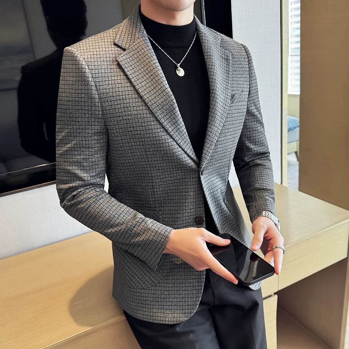 British Style Plaid Suit Jacket For Men 2025 New Business Casual Slim Blazer Formal Wedding Party Suit Dress Coats Men Clothing