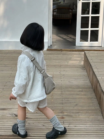 Korean Boy Girl White Clothing Set 2026 kid Summer Fashion Sunscreen Lightweight Long Sleeved Zippered Jacket + Shorts 2pcs Suit