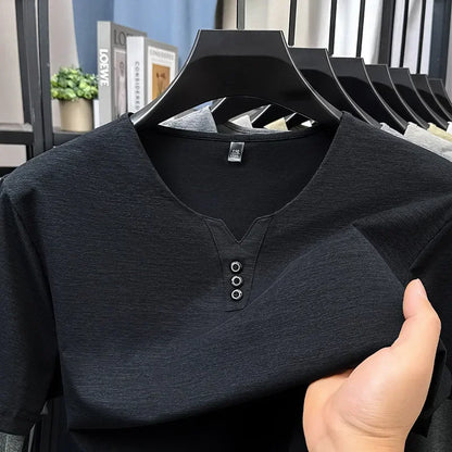 2026 New Men's Business Casual Three Button V-neck Short Sleeved T-shirt Korean Style Summer Comfortable Versatile Top