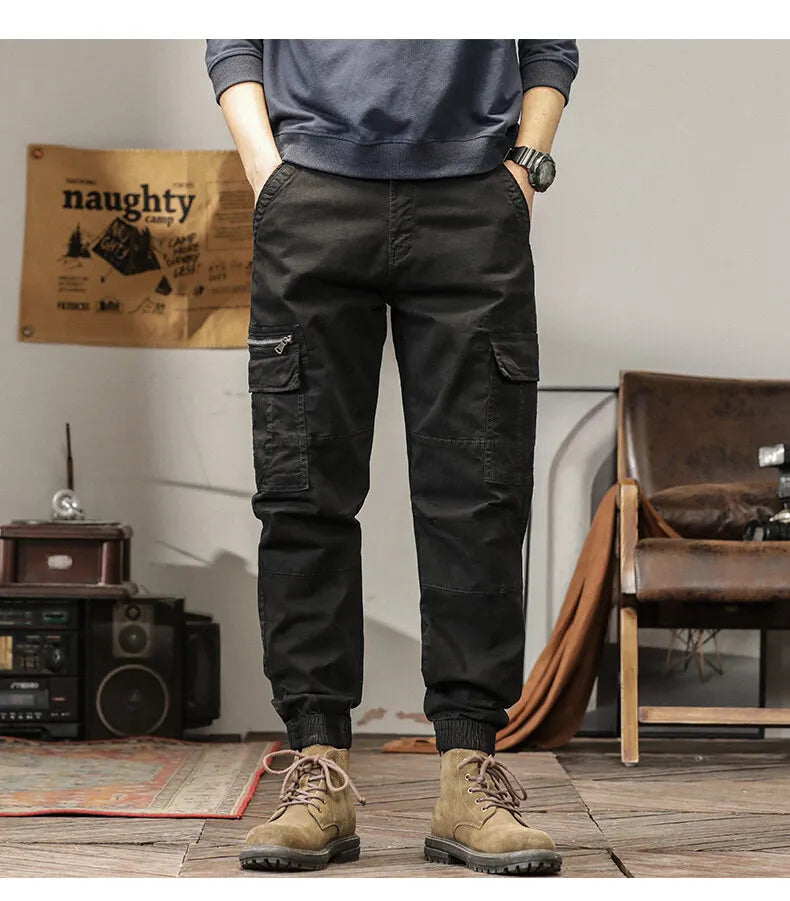 Length Men's Cargo Pant Cotton Stretch Casual Camouflage Trouser Male Camo Cuff Jogger Multi Zip Pocket Outfit Zipper Tied