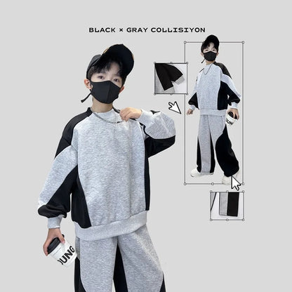 Spring Boys Black x Grey Contrast Pullover Sweatshirt+Sweatpant Work Set School Kid 2PCS Tracksuit Children Jogger Outfit 5-16Yr