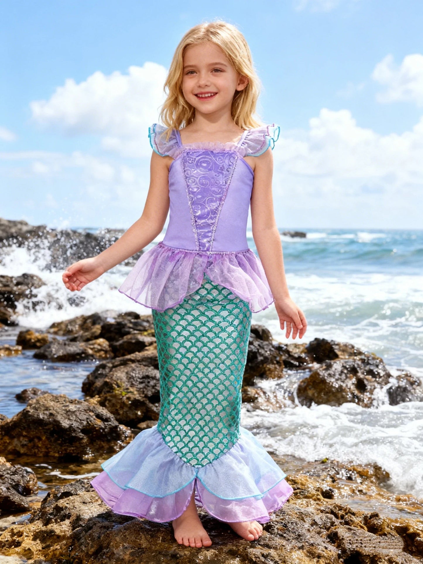 Popular Movie Children Fish Princess Dress With Purple Sequins Decoration And Fish Scales Skirt Holiday Role-Playing Dress