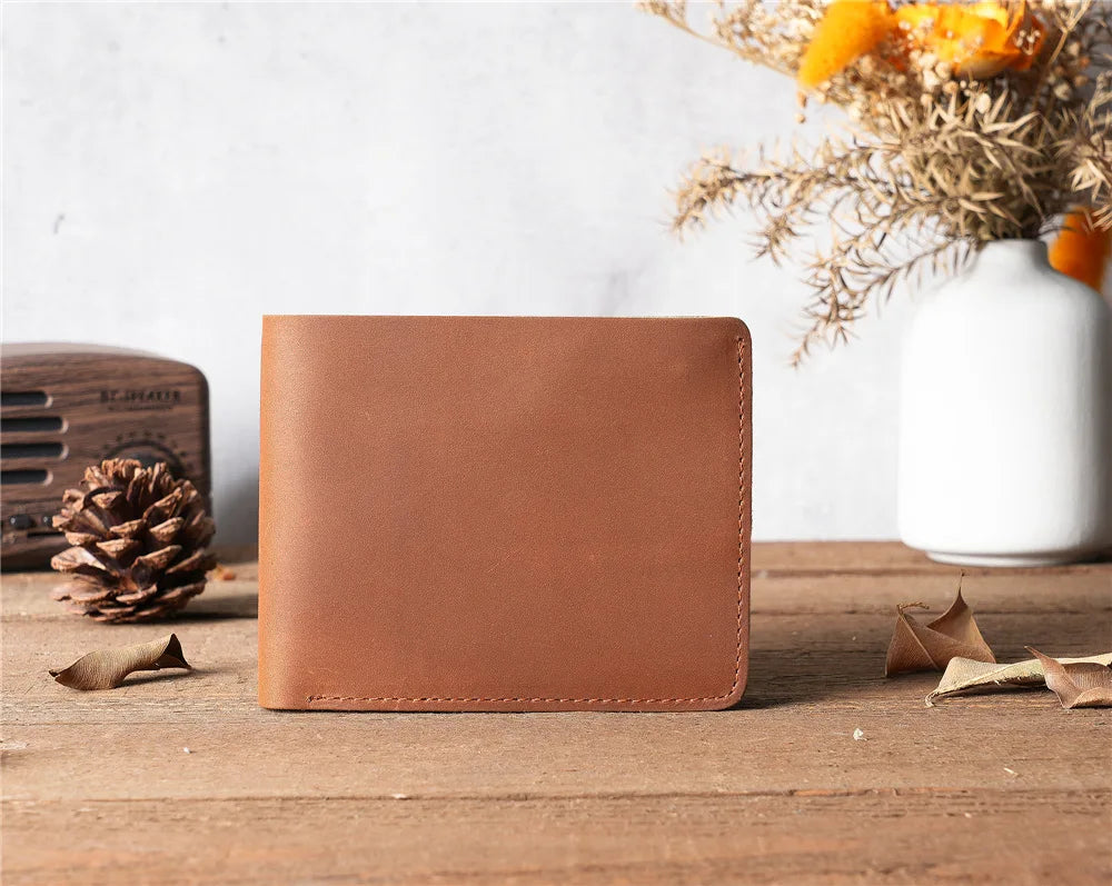 Men Handmade Crazy Horse Leather Wallet Men's Casual Simple Horizontal First Layer Cowhide Short Genuine Leather Clutch