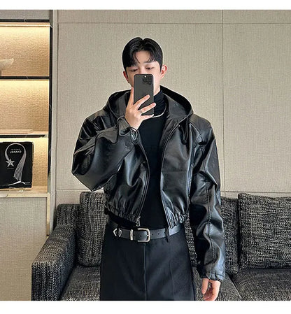 Spring Autumn Short Waterproof Black Pu Leather Jacket Men Hood Zipper High Waist Loose Casual Korean Fashion 2025