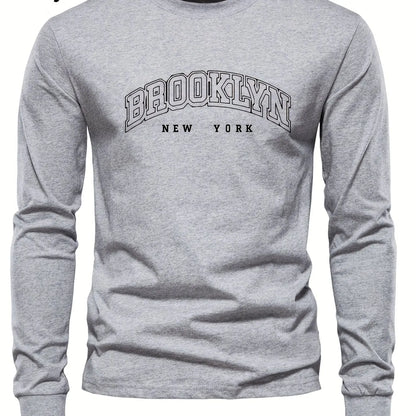 Men's 100% pure cotton loose and comfortable casual sports Brooklyn letter printed round neck long sleeved T-shirt top