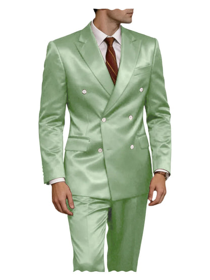 Luxury Men's Shiny Satin 2 Piece Suit Peak Lapel Double Breasted Jacket Pants Elegant Slim Fit Formal Tuxedo for Wedding Party