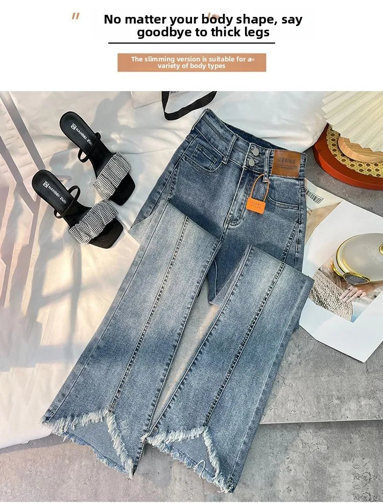 Women Autumn Y2K Slim Flared Denim Trouser Raw Edge Vintage Sexy Minimalist Pant Grunge High Waist Solid High Street Retro Jeans