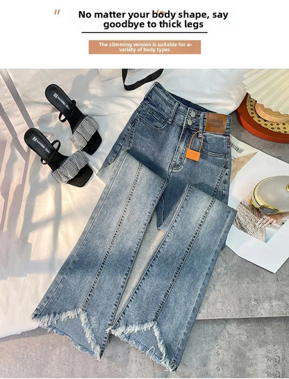 Women Autumn Y2K Slim Flared Denim Trouser Raw Edge Vintage Sexy Minimalist Pant Grunge High Waist Solid High Street Retro Jeans