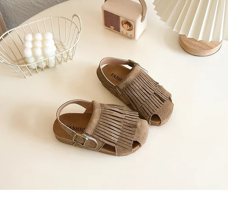 2025 Summer New Girls' Sandals Korean Style Tassel Princess Shoes Frosted Leather Hollow Sandals Comfortable 23-31