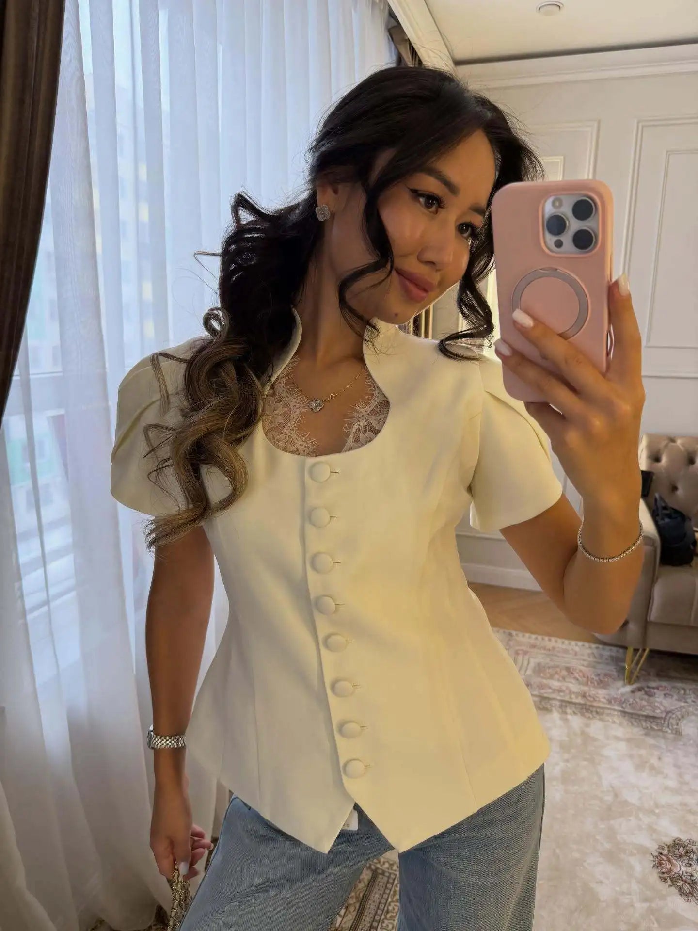 Women 2026 Spring Summer Lace Detail Blouse Stand Collar Puff Short Sleeve Fitted Waist Button Front Elegant Office Blazer